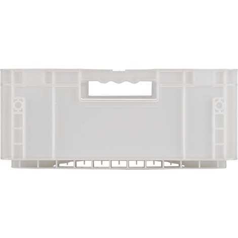 Lichtgrijze plastic krat met handgreepopening. Structuren aan de zijkanten en onderkant.