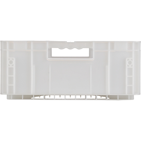 Witte kunststof doos met handgreep, detailweergave.