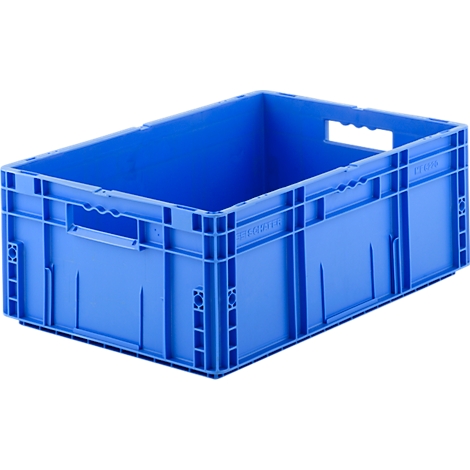 Blaue Kunststoffbox mit Griffen und rechteckiger Form. Detailansicht.
