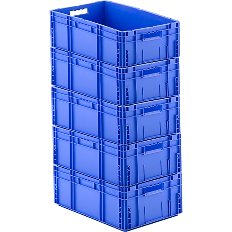 Stapel blauwe plastic kratten, van onderaf bekeken.