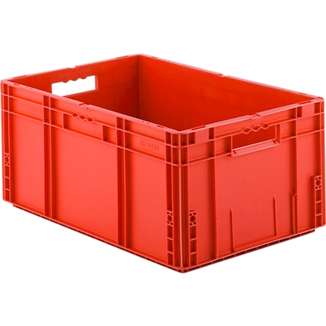 Rote Kunststoffbox mit Griffen, rechteckig, leer. Aufschrift: 'SZ 605'.