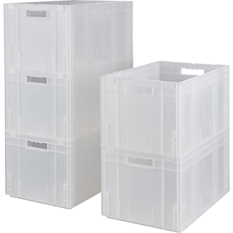 Mehrere transparente Kunststoffkisten, gestapelt. Kisten haben Griffe, eine davon mit Deckel.