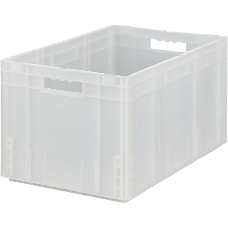 Transparente Kunststoffbox, rechteckig, mit Griffen an den Seiten und oben offen.