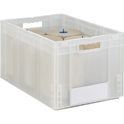 Transparente Kunststoffbox mit Rollen. Deckel blau. Grifföffnungen und weißes Schild.