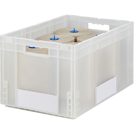 Transparente Kunststoffbox mit Papierrollen; oben blau gekennzeichent, mit Grifföffnungen.