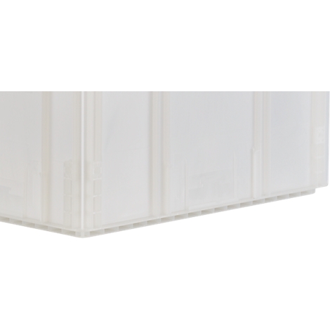 Detailaufnahme einer transparenten Kunststoffbox mit Rippenstruktur. Die Box hat eine wabenförmige Bodenstruktur.