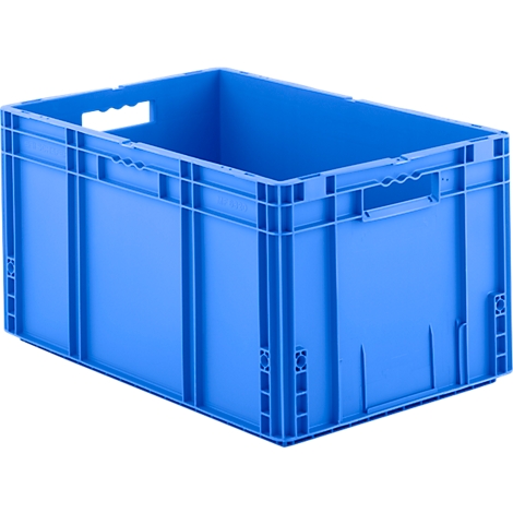 Eine rechteckige, leere blaue Kunststoff-Lagerbox mit seitlichen Tragegriffen.