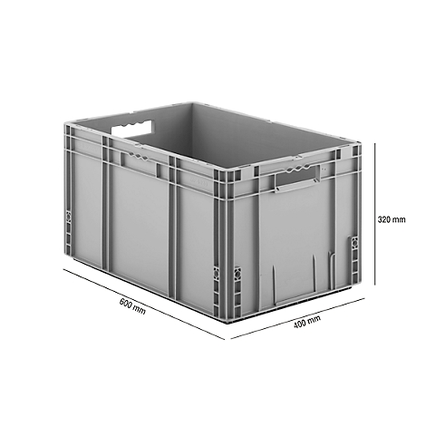 Graue Kunststoff-Transportbox mit Maßangaben 600x400x320 mm auf weißem Hintergrund.