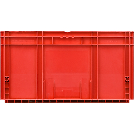 Rote, rechteckige Kunststoff-Stapelbox mit stabilisierenden Rippen und Griffmulden.