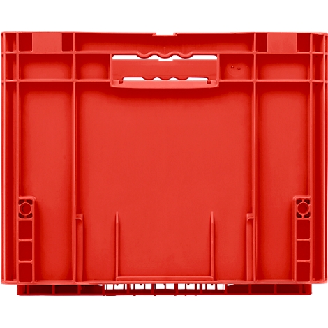 Rote Kunststoff-Transportbox mit Verstärkungsrippen und integriertem Griff an der Vorderseite.