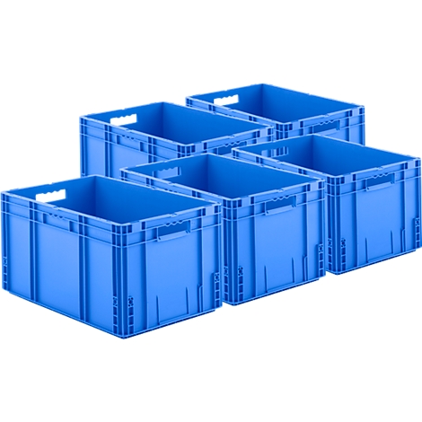 Six blue boxes arranged diagonally. Rectangular shape with handle openings.