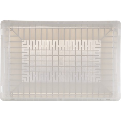 Récipient transparent avec un couvercle, présentant un motif en grille. La boîte a des lignes verticales et horizontales et des angles.