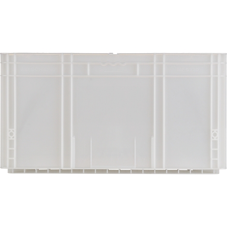 Caisse en plastique blanc. Rectangulaire, avec des lignes verticales et horizontales renforcées. Bord supérieur avec motif en zigzag.