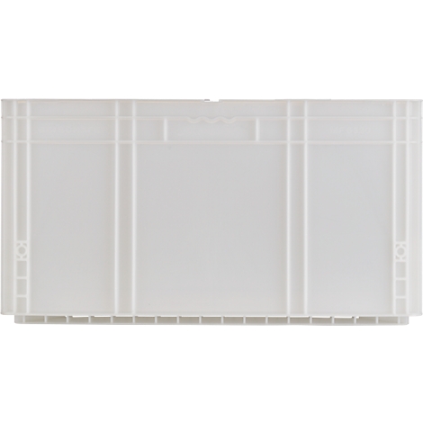 Boîte en plastique blanche, rectangulaire avec encoche pour poignée et structure. Côtés et fond structurés.