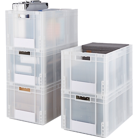 Deux boîtes en plastique transparent empilées. Une boîte est partiellement remplie d'objets.