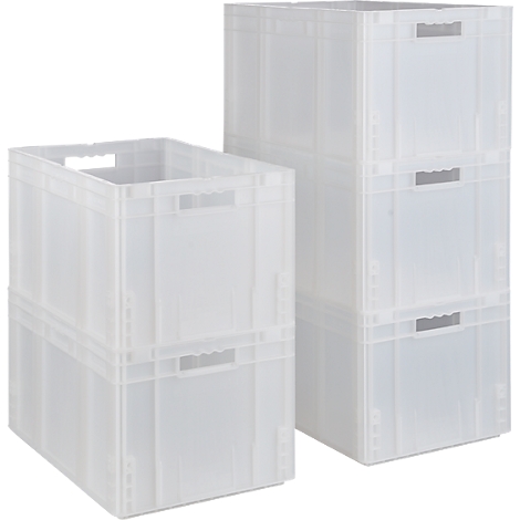 Twee transparante plastic dozen, gestapeld en met handvatten.