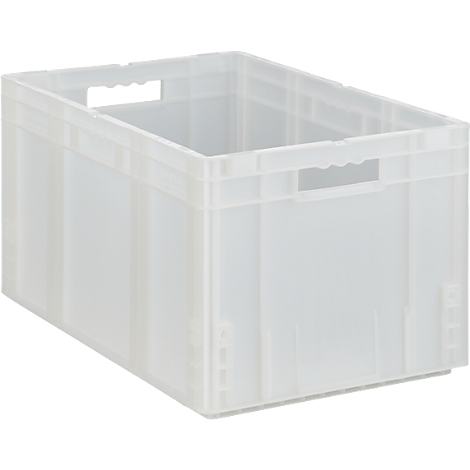 Transparante plastic doos met handvatten aan de zijkanten.