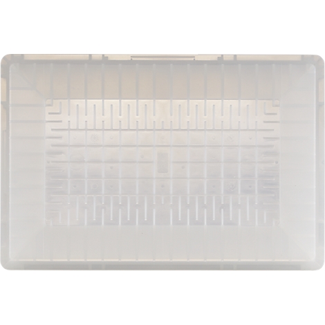 Transparante, rechthoekige plastic doos. Binnenin gestructureerd met parallelle lijnen en hoeken. Frame is versterkt.