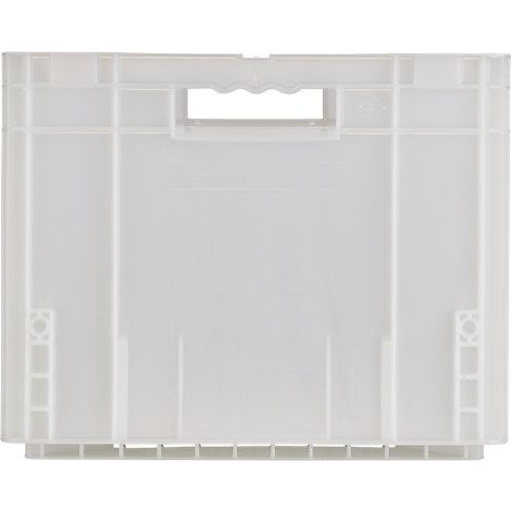 Witte plastic bak met een handvatgat, staand op een vlakke ondergrond.