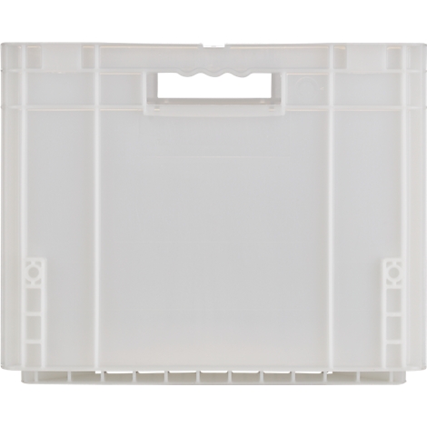 Een witte plastic doos met handvatopening en verstevigingen. De doos heeft een rechthoekige vorm.