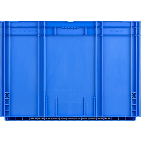 Blaue Kunststoff-Transportbox mit Verstärkungsrippen und Griffmulden in der Vorderansicht.