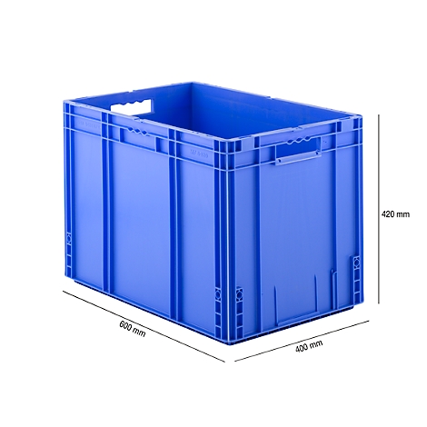 Blaue Kunststoff-Stapelbox mit den Maßen 600x400x420 mm auf weißem Hintergrund.