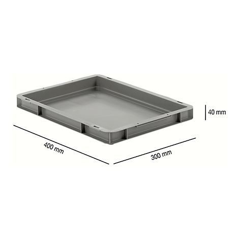 Grey plastic transport box with dimensions: 400mm x 300mm x 40mm.