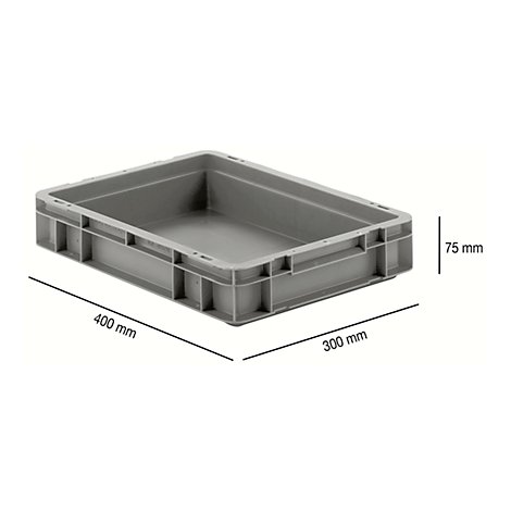 Gray plastic crate with dimensions 400 mm x 300 mm x 75 mm. The crate is rectangular and has side handles.