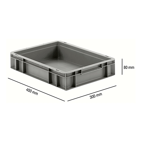 Grey plastic box with dimensions: 400 mm x 300 mm x 80 mm.