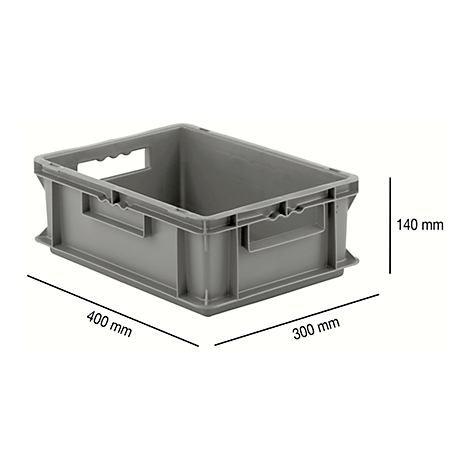 Grey plastic box with handle openings, dimensions: 400 x 300 x 140 mm.
