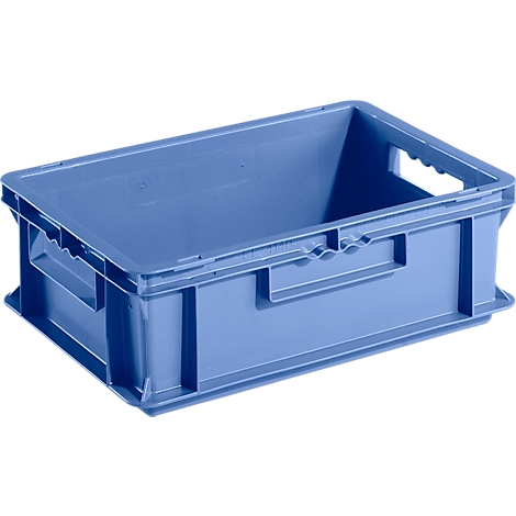 Light blue plastic crate with handles and straight sides, photographed diagonally from above.