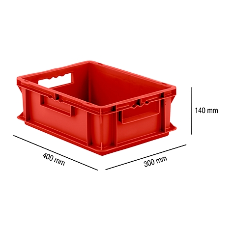 Red plastic crate with handle openings and dimensions.