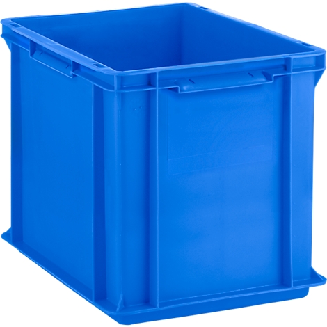 Blue plastic box with handles and rectangular shape. A storage or transport box.