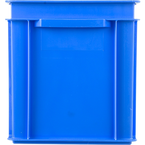 Blue plastic crate with handle hole, detailed on a white background.