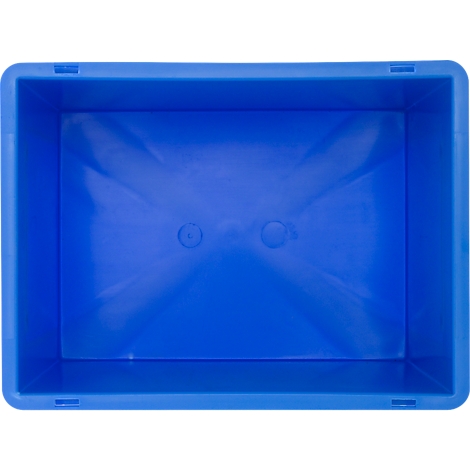 Overhead view of an empty blue plastic box.