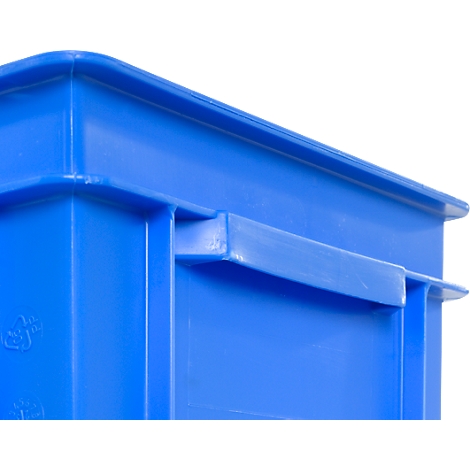 Close-up of a blue plastic box, handle holes, rounded edges, bright background.
