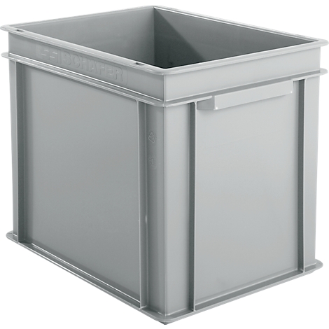 Grey plastic box. Rectangular, with handles and reinforced edges.