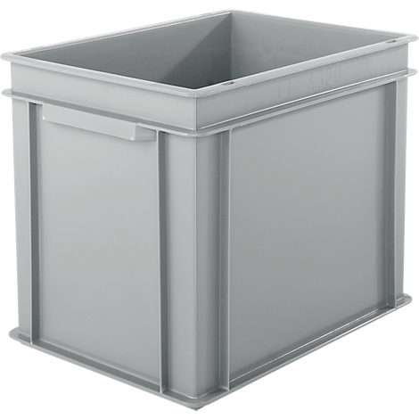 Gray plastic box with handles. Rectangular shape with open lid.