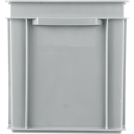Light grey plastic box with handle. Vertical struts on the sides. The handle is attached horizontally.