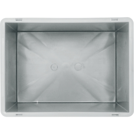 Rectangular, empty, white plastic box. The inner walls are gray. Two small circles are on the bottom.
