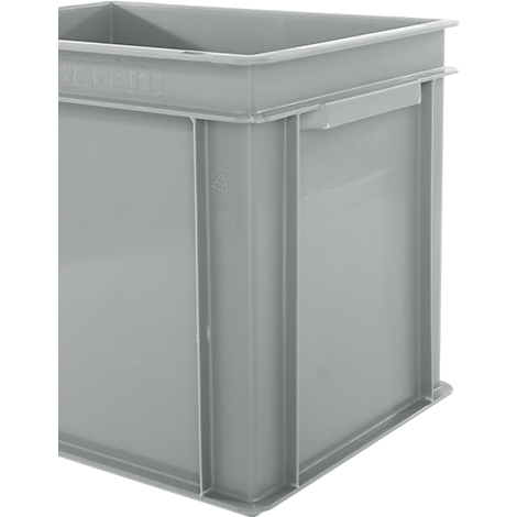Light gray plastic crate, side view detail, with handle and markings. Top edge and corner of the container are visible.