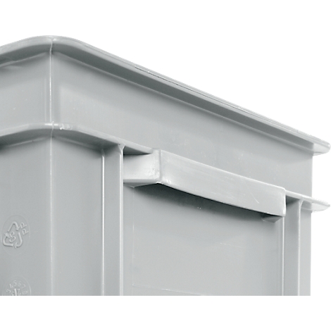 Close-up of a grey plastic box. The handle is visible.