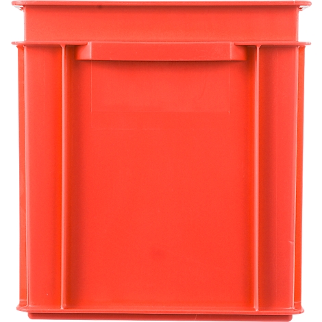 Red plastic crate with handle. Front view.