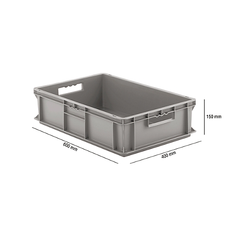 Gray plastic crate, dimensions: 600 x 400 x 150 mm, with side handles.