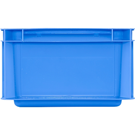 Bovenaanzicht van een lichtblauwe plastic doos. Rechthoekige vorm, glad oppervlak, licht afgeronde hoeken.