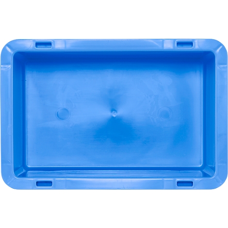 Blauwe plastic doos van bovenaf, rechthoekig met afgeronde hoeken en handgreepuitsparingen.
