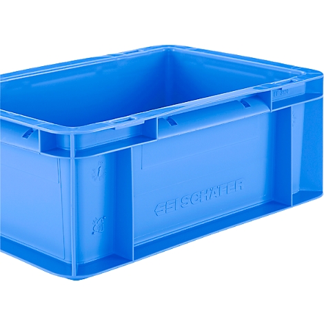 Blauwe plastic box met afgeronde hoeken. De naam "SCHÄFER" staat in reliëf op de zijkant.