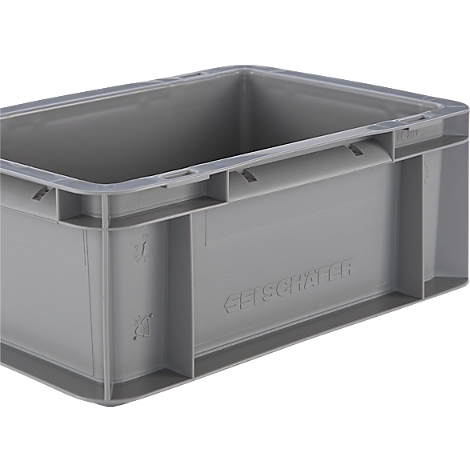 Grijze plastic krat met opschrift. Er zijn handgreepuitsparingen en markeringen op de krat te zien.