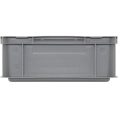 Boîte en plastique grise avec poignées et gaufrage. Le devant indique "SSI SCHÄFER".