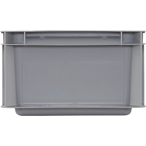 Boîte en plastique grise, vue de dessus. Forme angulaire, côtés surélevés, petite bordure.